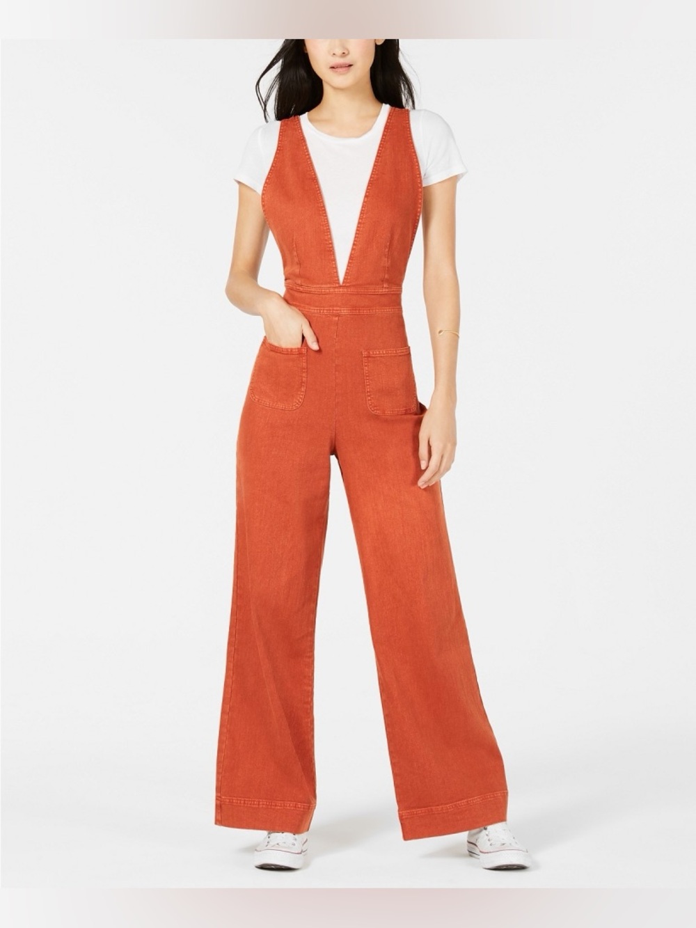 Dollhouse Plunging Deep V Neck Denim Jumpsuit Rust Burnt Orange Size 9 / 29 Wide